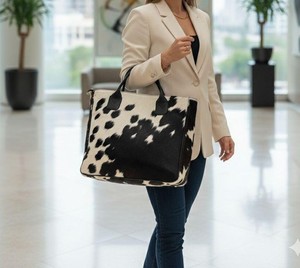 Bolso Tote Grande de Cuero Genuino con Pelo de Vaca, Cierre de Cremallera, Bordado, Color Sólido, Estilo Vintage, Color Personalizable - LHTB-0047 - Product Image 6