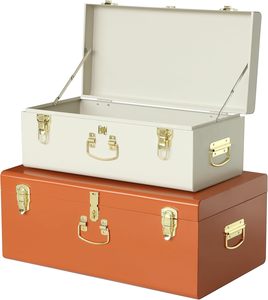 Vintage Style Decorative Trunk Set Rust Orange and Ivory Metal <b>Keepsake</b> <b>Boxes</b> with Polished Gold Latches for Bedroom Storage - Product Image 1