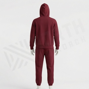 Men's <b>Maroon</b> Hooded Tracksuit Full Sleeve Solid Color Casual Sweatshirt and Pants Set with Front Logo and Side Pockets - Product Image 2