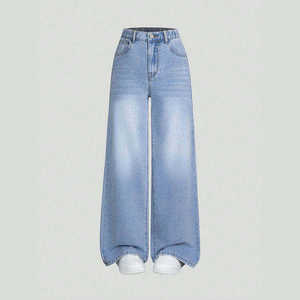 Bulk Light Blue Vintage Wash Straight Leg Denim Trousers High Waist <b>Elastic</b> Women <b>Jeans</b> - Product Image 1
