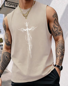 Men's Olive Green Sleeveless Tank Top with White Sword Print O-Neck Washed Cotton Summer Breathable Quick Dry Casual Wear - Product Image 2