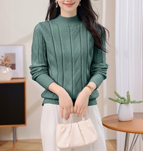 เสื้อสเวตเตอร์ไหมพรมคอเต่าสีเขียวสำหรับผู้หญิง แขนยาว สีพื้น สไตล์ลำลอง ผ้าวูล/แคชเมียร์ เสื้อกันหนาว แต่งกระดุมลายดอกไม้ - Product Image 1