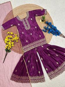 Ensemble Sharara en soie brodée pour filles, vêtements ethniques pour enfants, Kurti, pantalon évasé, dupatta, tenue traditionnelle indienne pakistanaise, tenue de fête - Product Image 2