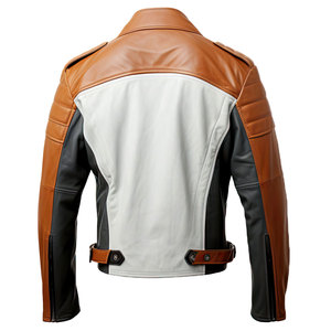 Veste de moto pour homme en cuir véritable marron et gris, coupe-vent, avec patchwork brodé, col rabattable et fermeture éclair - Product Image 2