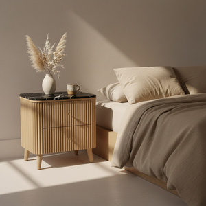 Mesa Auxiliar/De Noche Moderna con 2 Cajones y 5+ Compartimentos, Ecológica, de MDF de Acacia, Chapa de Roble Macizo y Tapa de Mármol para Salas de Estar/Comedores - Product Image 3