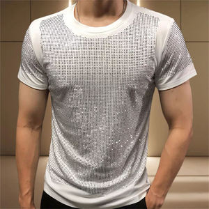 Camiseta de hombre con brillantina y pedrería, de poliéster y algodón, tejida, transpirable, de secado rápido, informal, estilo urbano. - Product Image 4