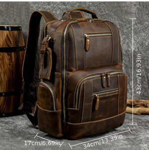 Brown Genuine <b>Leather</b> Backpack Men Casual Daily Use Adjustable Strap Zipper Closure Large Capacity 30-40L Interior Compartment - Product Image 6