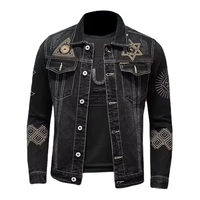 Blouson moto en jean noir pour homme, confortable, brodé, motif uni, coupe ajustée, col rabattu, style hiver