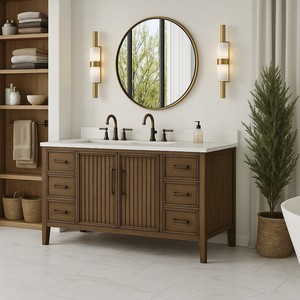 Mueble de Baño con Puerta Acanalada TPF-BV-BR1, Color Marrón Nogal, 36, 48, 60 Pulgadas, Lavabo Simple o Doble, Embalaje Plano KD - Product Image 3
