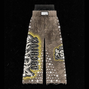 Pantalones de chándal holgados de algodón grueso con estampado integral, cintura alta, efecto arrugado, lavado ácido y pedrería, doble cintura, para hombre, personalizados - Product Image 3