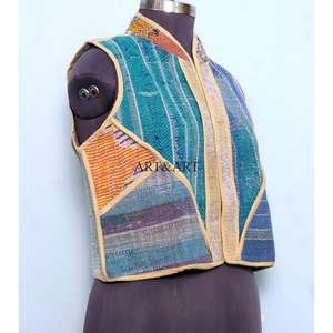 Gilet vintage Kantha tricoté à la main, écologique, respirant, séchage rapide, boutonné, pour femme, en pur coton, printemps/hiver - Product Image 4
