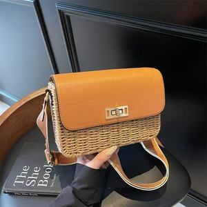 New Fashionable Vintage Women's Square <b>Woven</b> <b>Straw</b> Crossbody Shoulder <b>Bag</b> for Travel with Single Strap - Product Image 1
