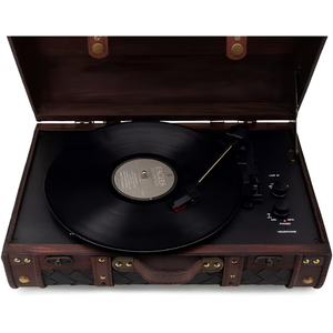 Tourne-disque vintage en bois avec Bluetooth, enregistrement USB, entrée auxiliaire, haut-parleurs intégrés, lecture de vinyle à 3 vitesses - Product Image 2