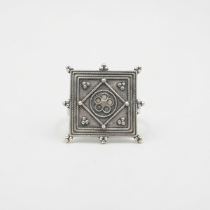 DIVYORO VINTAGE OXIDIZED <b>SILVER</b> INLAY GEOMETRIC ETHNIC STATEMENT <b>RING</b> with PINK & GREEN STONE ACCENTS Women's Brass Party - Product Image 1