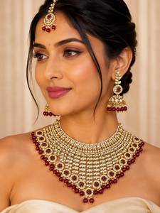 Handcrafted Royal Bridal Kundan Broad Choker <b>Set</b> Maroon Gemstone Bead Fringe Necklace <b>Set</b> with Matching Jhumkas & Maang Tikka - Product Image 3