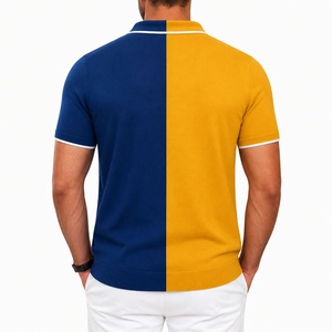 Chemise décontractée pour homme en coton Oxford tricoté, bleu et jaune, à blocs de couleur, avec poche, respirante, à manches courtes et fermeture éclair, coupe classique - Product Image 4