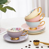 Ensemble de tasses à café et soucoupes en céramique émaillée de couleur classique en gros, avec bordure et poignée dorées