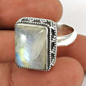 Bague Art Déco hypoallergénique en argent sterling 925, sertie d'une pierre de lune arc-en-ciel naturelle, style bohème, au prix le plus bas - Product Image 1