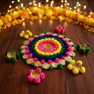 Handmade Multicolor Pom Pom Rangoli candle <b>Holder</b> Set with Golden <b>Tealight</b> Stands for Diwali Wedding and Home Decoration Decor - Product Image 2