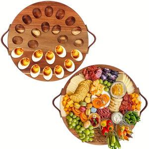 Plateau de service rond en bois pour œufs farcis avec 12 trous sculptés, support en bois naturel - Product Image 2