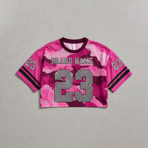 Camiseta deportiva de fútbol americano de malla con estampado de camuflaje personalizado ODM para mujer, con pedrería, corta, al por mayor, la más vendida - Product Image 3