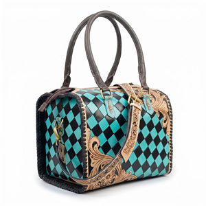 Vintage Hand <b>Tooled</b> <b>Leather</b> Speedy Bag for Women Turquoise Black Checkered Western Handbag Genuine <b>Leather</b> Crossbody Purse Boho - Product Image 2