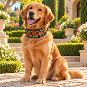 Collar de Cuero para Perro con Diseño Floral Turquesa, Acolchado, Estilo Western |   Collar para Perro Cosido a Mano con Hebilla Ajustable - Product Image 2