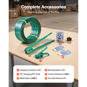 Kit Sigillatore Manuale per Imballaggi Pesanti con Nastro PET da 450 m, 450 Sigilli Metallici, 150 Protezioni Angolari e Guanti in Materiale PP - Product Image 2