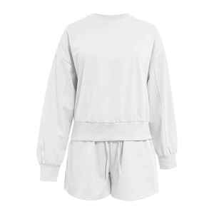 Ensemble de survêtement en coton tricoté pour femmes, 2 pièces, col rond, manches longues, coupe ample, blanc uni, décontracté, toutes saisons - Product Image 1