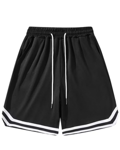 Men Solid Black Summer Breathable Crew Neck T-Shirt Set Knitted Short Sleeve Casual Shorts <b>White</b> Stripe Trim Polyester/Cotton - Product Image 3