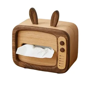 Creative Cute TV-shaped Wooden Tissue Napkin Paper Storage Box Holder for Desktop Living Room and Home