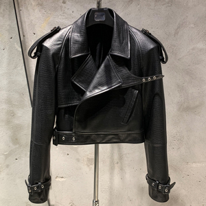 Women's Genuine <b>Leather</b> Moto <b>Jacket</b> Turn-Down Collar Full Sleeve Embossed Crocodile Pattern Autumn Style - Product Image 1