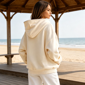 Sweat-shirt à capuche surdimensionné pour femme, couleur crème, avec broderie étoile léopard, manches longues, en coton tricoté, pull pour l'automne - Product Image 2