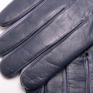 Womens Handmade Blue Gray Leather <b>Gloves</b> Green Trim Soft Winter Full Finger Outdoor Party Elegant Driving Warm Lined Snap - Product Image 4
