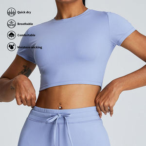 Ensemble de yoga pour femme bleu clair : Crop top et legging taille haute longueur intégrale, 2 pièces en Spandex et Polyester extensible dans les 4 sens avec cordon de serrage - Product Image 4