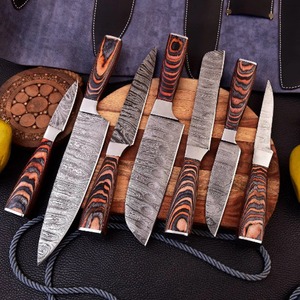 Handmade Damascus Steel Chef <b>Knife</b> <b>Set</b>, Pakka Wood Handles, Leather Sheath, 7 Piece - Product Image 2