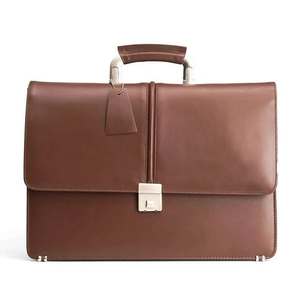 Porte-documents pour ordinateur portable en cuir véritable marron, vintage, classique, sac de bureau exécutif, poignée supérieure, fermoir métallique, structuré, grande capacité - Product Image 1