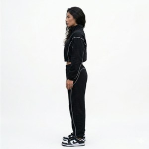 Conjunto Deportivo de Mujer, Negro, Manga Larga, con Cierre, Bloques de Color, Logotipo Personalizado, 2 Piezas, Felpa Transpirable, 100% Algodón - Product Image 4