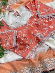 Sari de Georgette Suave con Bordado, Sari de Georgette para Fiesta, Sari con Lentejuelas Elegantes, Sari con Bordes de Diseño - Product Image 4
