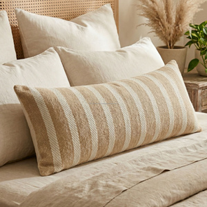 Housse de coussin lombaire longue tissée à la main, beige naturel, 14 × 36 pouces, à rayures courbes texturées, coussin de lit décoratif - Product Image 1