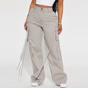 Pantalones Cargo de Cintura Alta para Mujer, Color Sólido, Corte Holgado, Largos, con Múltiples Bolsillos, Estilo Casual - Product Image 1