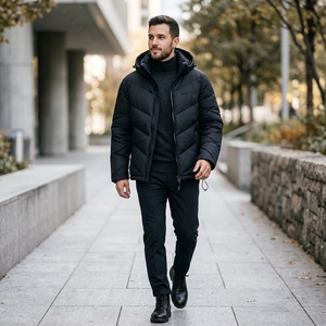 MALATTEPA Men's Black Stand Collar Puffer Jacket Windproof Polyester Winter Casual <b>Coat</b> Zipper Front Design Quick <b>Dry</b> Breathable - Product Image 3