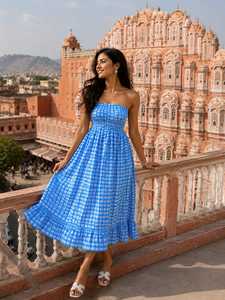 Indian Hand Block Printed Cotton Convertible <b>Dress</b> Women Strapless Smocked Tube Top <b>Dress</b> Blue Print Maxi Skirt - Product Image 4