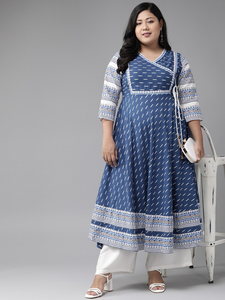 Kurta Anarkali bleu en ikat à col en V, en coton slub, grande taille pour femme, manches trois quarts, toucher doux, tenue traditionnelle - Product Image 5