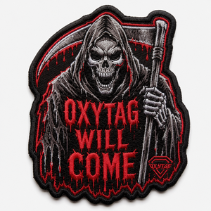 Patch brodé Oxytag Grim Reaper thermocollant, forme irrégulière, en feutre non tissé, décoration, prix de gros, OEM personnalisé 2026 - Product Image 1