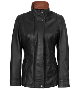 Veste d'hiver en cuir véritable pour femme, satinée, noire avec bordure marron, col rabattu, coupe ajustée, écologique, coupe-vent, pour moto - Product Image 3