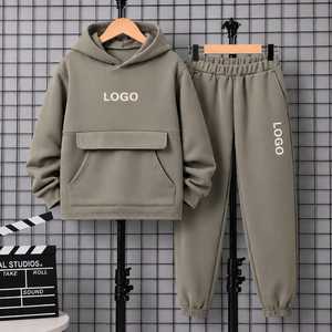 Ensemble de survêtement en molleton écologique 2 en 1 pour homme, bleu, à capuche, couleur unie, coton, vêtements décontractés d'hiver, impression de logo, sweat-shirt long - Product Image 2