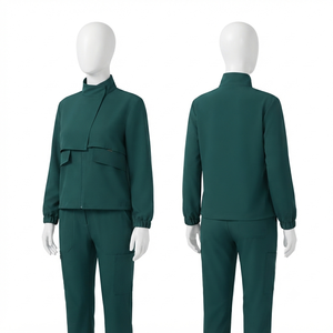 Premium 240 GSM Stretch Poly Cotton Women Scrub <b>Jacket</b> Dark Green <b>Utility</b> Front Flap Design Custom Embroidered Logo <b>Men</b> <b>Jacket</b> - Product Image 1