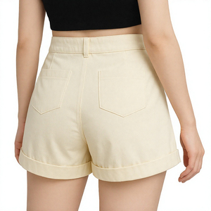 Shorts de Lona Blancos de Cintura Alta para Mujer, Cinco Bolsillos, Cierre de Botones, Corte Regular Informal, Color Sólido, Tejido de Lona - Product Image 2