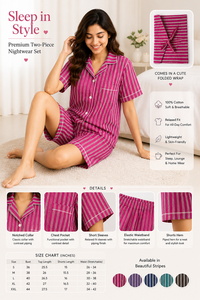 Women Cotton Stripe Nightwear Set Premium Hand Block Print Shorts Sleeves Shirt and Shorts Soft Summer Lounge Wear Pajamas - Product Image 5